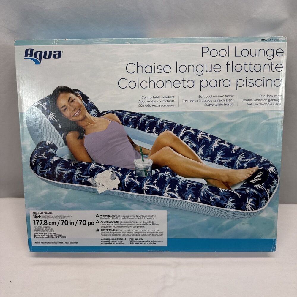 Aqua 2622115 Luxury Long 70”/ 177cm Inflatable Pool Lounger Blue Palm Trees New